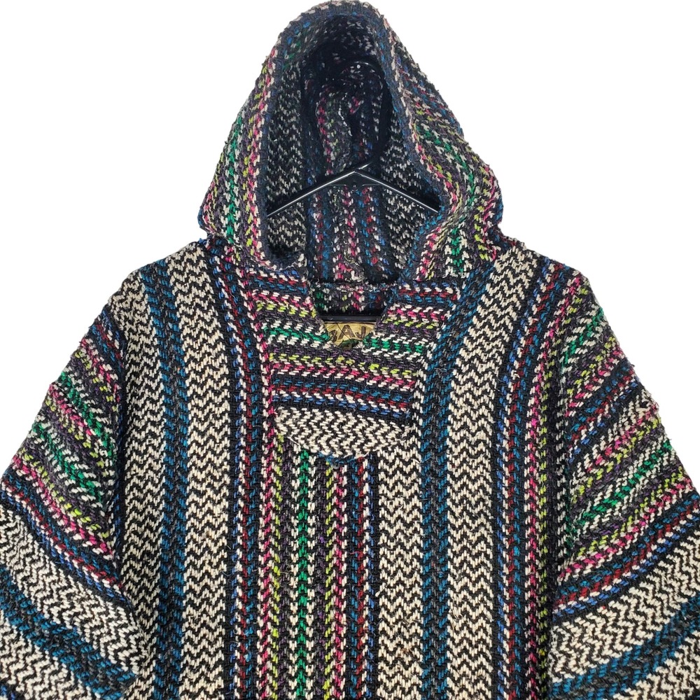 Baja Joe Mens XL Striped Drug Rug Hoodie Multi Color Woven Mexican Poncho